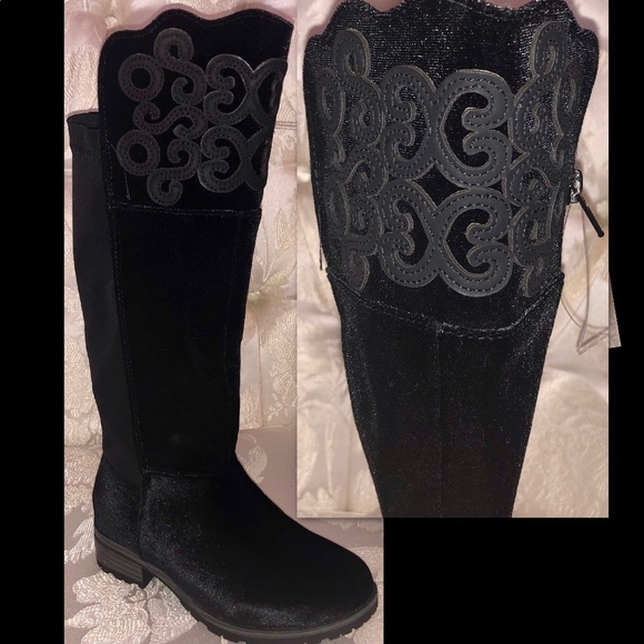 XOXO•GIRLS EMBROIDERED VELVET VAMP KNEE HIGH BOOTS - Picture 3 of 9